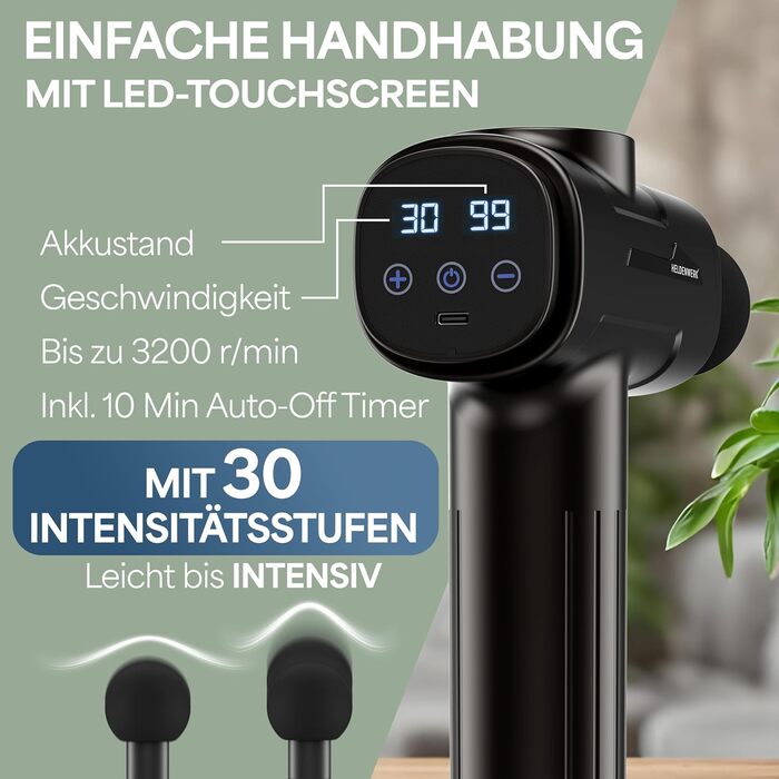 Масажер для м'язів з 6 насадками та 30 швидкостями, USB-C, LCD-екран (Чорний)
