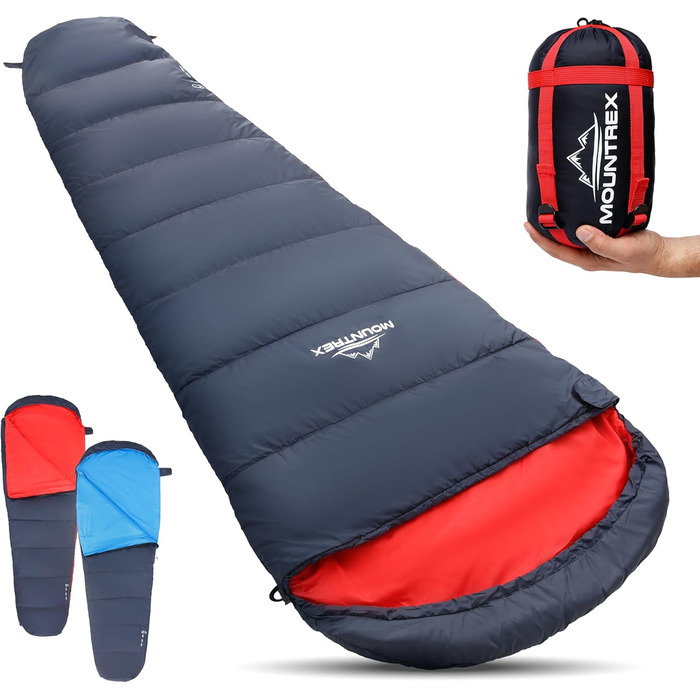 Сплячий мішок MOUNTREX® - компактний та ультралегкий (760г/1500г) - Outdoor спальний мішок для літа (100GSM) / 3-4 сезони (300GSM) Мумієподібний спальний мішок – кемпінг, подорожі, фестивалі – теплий та з'єднувальний темно-синій/червоний літній спальник