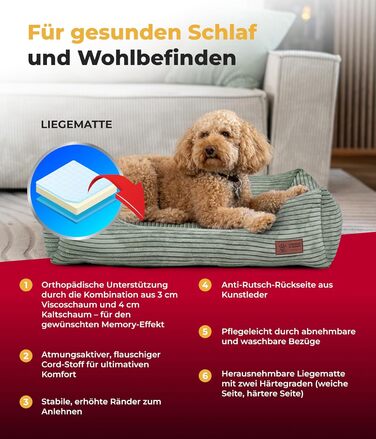 Ортопедичне ліжко для собак HS-Hundebett® Deluxe Cord M (70x90 см) – Зелене ліжко з memory foam для великих собак, миється, не слизьке, Made in Germany