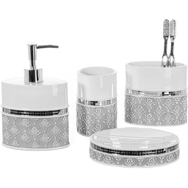 Набір аксесуарів для ванної кімнати Creative Scents – білий та сірий (4 шт.) – мильниця, дозатор мила, тримач для зубних щіток, чашка