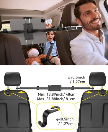 Автотримач для планшета TRYONE, універсальний, регульований, для підголівника, 4,7-12,9 дюймів, з 2 гачками, чорний, сумісний з iPad, Samsung Galaxy Tab, Switch, смартфонами