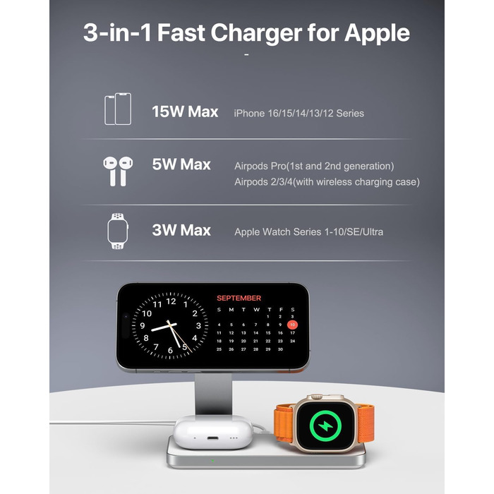 Бездротовий зарядний пристрій 3-в-1 MagSafe для iPhone, Apple Watch та AirPods Pro (Монохромний)