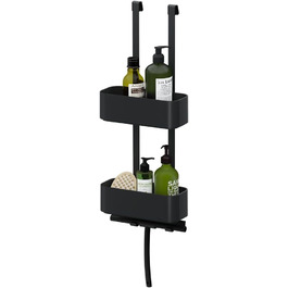 Tiger 2-Tier Shower Caddy, Shower Shelf without Drilling, for Hanging on the Shower Wall, Shower Shelf with Storage for Shower Gel & Co., with Integrated Hook, Stainless Steel, Plastic, Color: Black