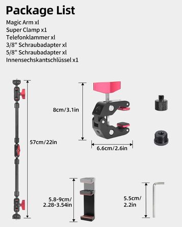 Гнучкий кріплення для камери з супер-зажимом Magic Arm, 56 см, 360° - чорно-червоний