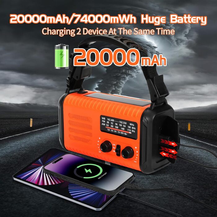 Радіо на сонячних батареях Notfallradio з ручним генератором, 20000mAh, AM/FM, ліхтарик, SOS, зарядка для телефону - помаранчеве
