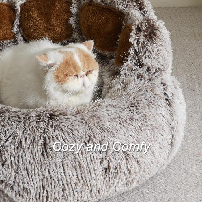 Jiupety Pet Round Dog Bed in Paw Shape, Soothing Donut Dog Bed, Faux Fur Cat Bed, Medium Size. The diameter is 56cm, comfortable and soft, machine washable, grey.
