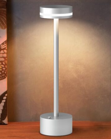LED настільна лампа з акумулятором, бездротова, з торшером, повне алюмінієве тіло, 3 режими регулювання яскравості, акумулятор 4000mAh, тепле світло 3000K, для обіднього столу, вітальні (срібна)