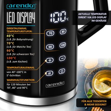Електричний чайник Arendo з регулюванням температури, нержавіюча сталь, подвійні стінки Cool Touch, дисплей, бездротовий, 2200 Вт, 1,7 л, захист від перегріву, функція підтримки тепла, чорний
