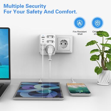 Мережевий адаптер з USB, 4 USB порти (2xA + C), 3.4A, LED, вимикач, компактний для дому та подорожей