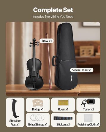 Скрипка VEVOR 4/4 з аксесуарами: футляр, струни, колінь, підставка, тюнер та інші