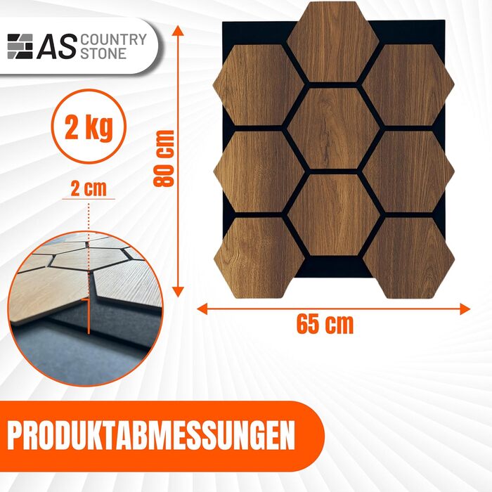 Акустичні настінні панелі AS Country Stone Barok з натурального дерева, 80x65 см, набір 4 шт. — звукоізоляційні декоративні панелі для офісу та дому