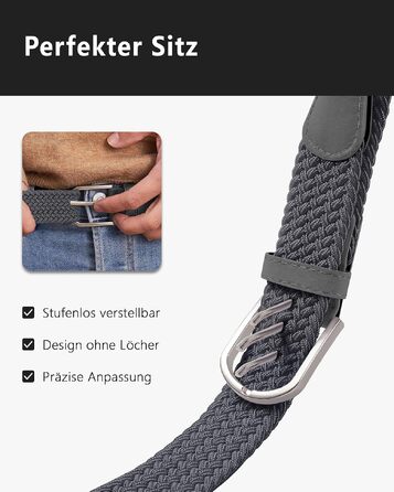 Набір еластичних плетених ременів YOUCHAN для жінок та чоловіків, розтяжний тканинний пояс unisex (чорний + сірий), ширина 3.3 см, довжина 110 см, 2 шт.