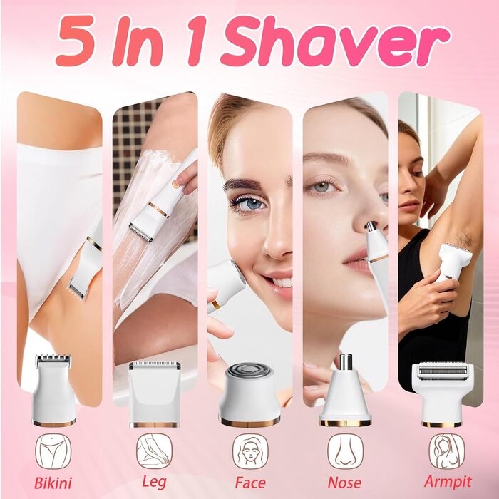Електрична бритва для жінок 5 в 1 Lady Shaver: набір з 5 змінними насадками для ніг, бікіні та носа, водонепроникна IPX7, для вологого та сухого гоління, біла