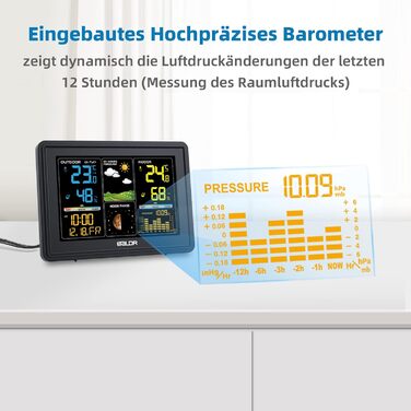 BALDR Weather Station Radio with Outdoor Sensor, Digital Color Display DCF Radio Clock Indoor and Outdoor Thermometer Hygrometer, Radio Weather Station with Weather Forecast, Barometer and Moon Phase, Power Adapter