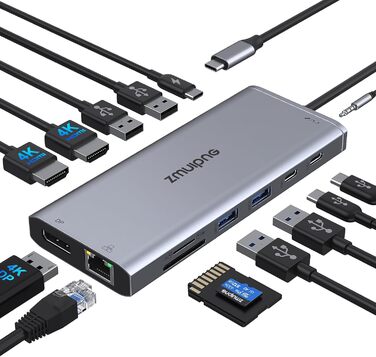 Док-станція USB-C для ноутбука 14-в-1: 2xHDMI 4K, DP, Ethernet, 4xUSB, 100W PD, SD/TF, Audio/Mic. Підтримка Dell, HP, Lenovo та інших ноутбуків.