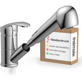 Кухонний змішувач Instmaier Elena з виливним гусаком та душовою насадкою | Хром | З витяжною системою | Змішувач для кухні з 2 режимами струменя | Однорідний змішувач з поворотним виливом (низький тиск)