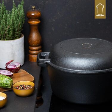 Chef's Cast Iron Dutch Oven incl. Dough Basket and Dough Scraper. Pot for Baking Bread. Bread Baking Pan with Lid 4.6L. 2-in-1 Bread Pot for Baking 26CM. Robust Bread Baking Pot. Round Bread Baking Pan. Cast Iron Pot for Baking Bread 4.6L Round