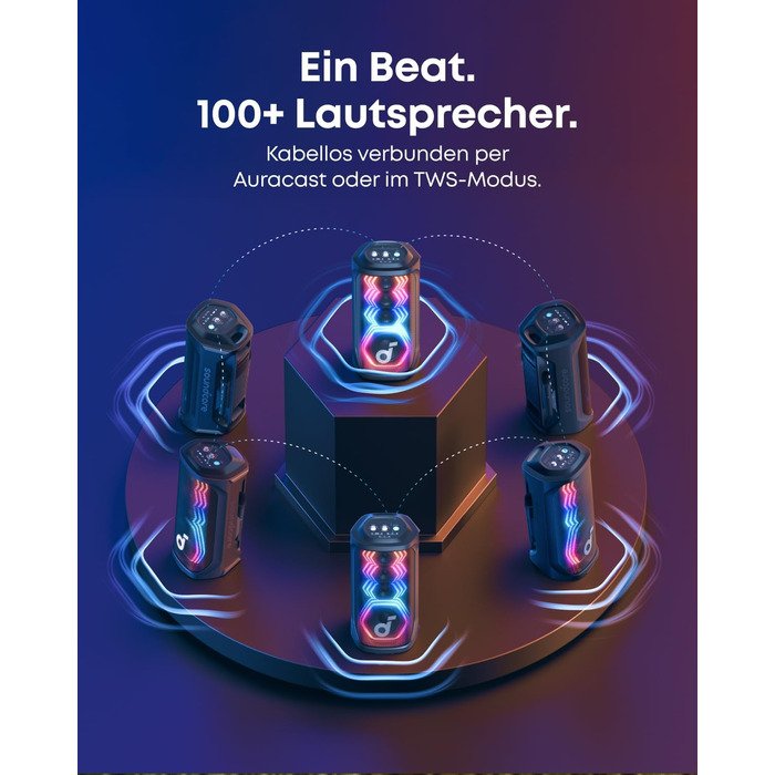 Soundcore PartyBox Rave 3S – портативна колонка з мікрофонами, 200 Вт, Bluetooth, світлодіодна підсвітка, AuraCast, 12 годин роботи, для дому та вулиці