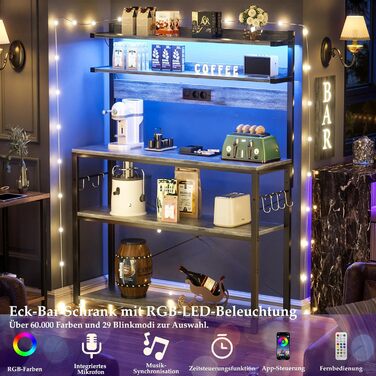 Кухонна полиця-стійка з розеткою, підставка для мікрохвильовки, 5-рівнева кавобар з LED-підсвічуванням, полиця для спецій, каструль та сковорідки (80см, Білий дуб)