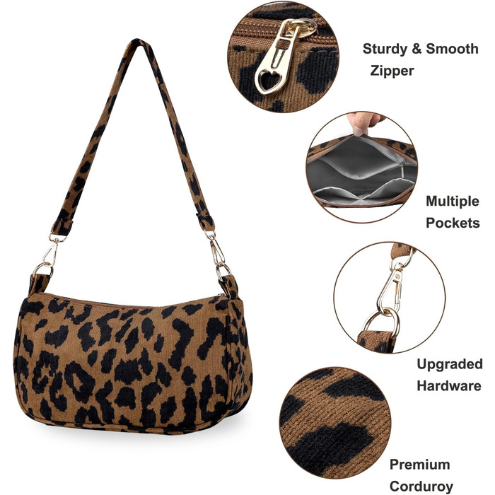 Сумка жіноча FITDON через плече Cord Hobo Bag Y2K леопардова міні, з 3 знімними ремінцями