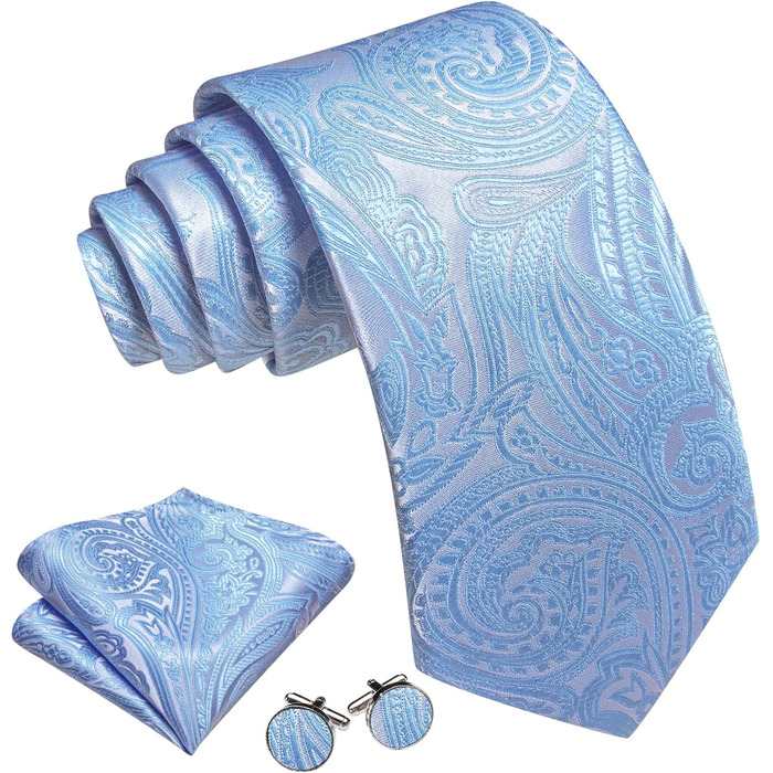 Комплект краваток для чоловіків Barry.Wang: краватка, краваткова кліпса, нагрудна хустинка, запонки, для вечірок, весілля та ділових зустрічей (дитячий блакитний)