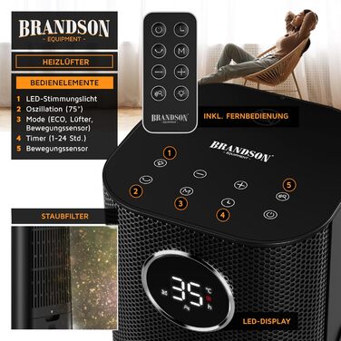 Електричний обігрівач Brandson з пульт дистанційного керування, 2000 Вт, ECO режим, осциляція, захист від дітей, таймер, LED-підсвічування, для ванної, вітальні, офісу, дитячої кімнати