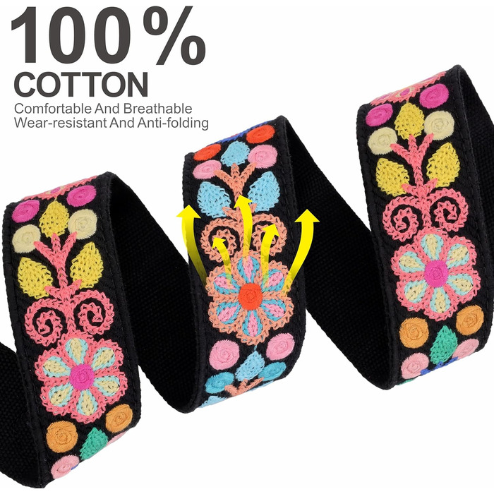 Гітарний ремінь 5,1 см з бавовни з шкіряними кінцями для бас-гітари, електрогітари та акустичної гітари (Кольорова квітка 02)