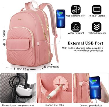 Жіночий рюкзак для ноутбука 17,3 дюйма: стильний рюкзак для дівчат-підлітків, студентів та вчителів, ідеальний для навчання, роботи та офісу (15.6', Рожевий)