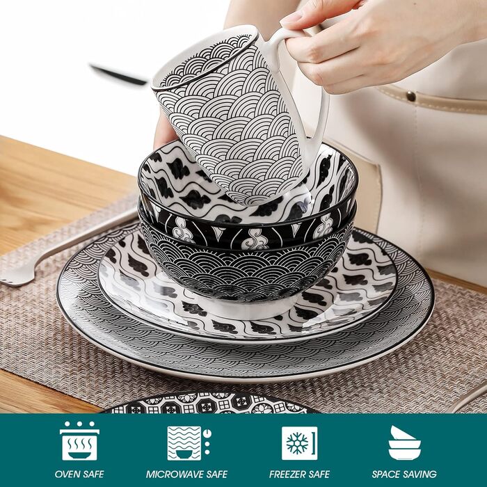 Набір посуду Vancasso Haruka 48 предметів: тарілки, миски, чашки (чорний + кремовий)