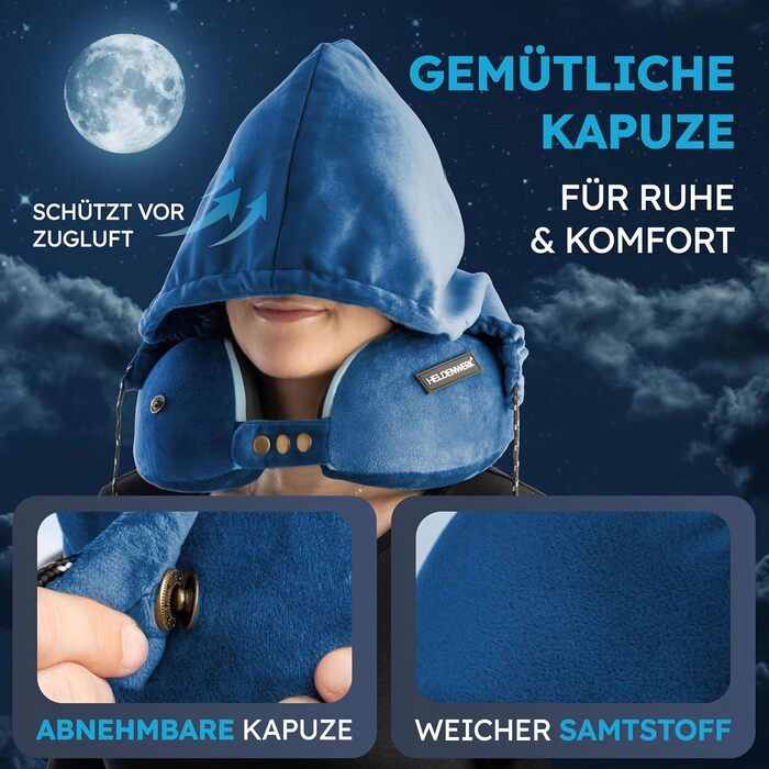 Подушка для шиї Comfy від HELDENWERK: Memory Foam, 6-позиційний регулятор, для подорожей літаком/автомобілем, дихаюча, миється, Navy Blue
