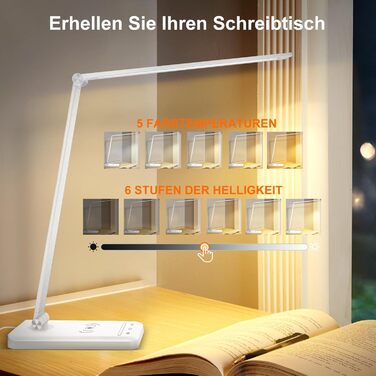 LED настільна лампа Weareok з регулюванням яскравості, захистом для очей, бездротовою зарядкою Qi та USB-портом, білий колір