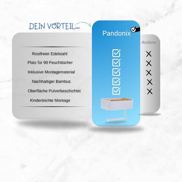 Pandonix Stainless Steel & Bamboo Toilet Paper Holder with Wet Wipe Dispenser - No Drill Installation, Black & White-Bamboo Finish