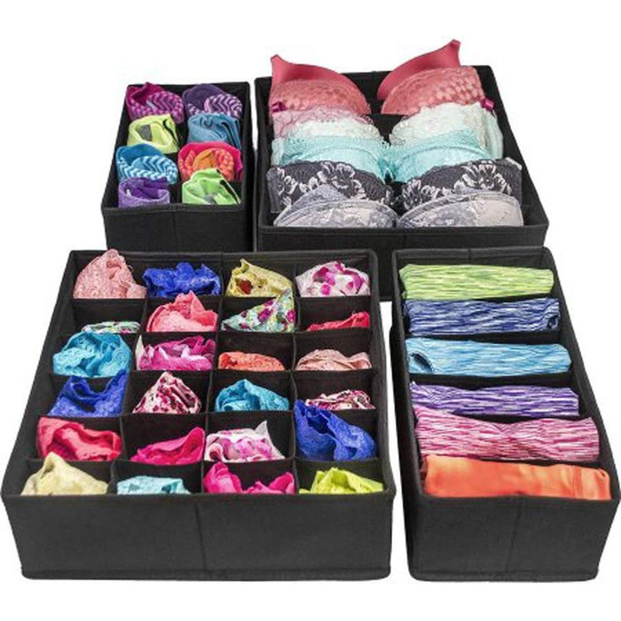 Styleys Set of 4 Foldable Storage Boxes, Drawer Dividers, Odorless Interior Lining, Storage Boxes, Closet Organizer, Under-Bed Organizer for Clothes, Shoes, Underwear, Bras, (Black - S1014)