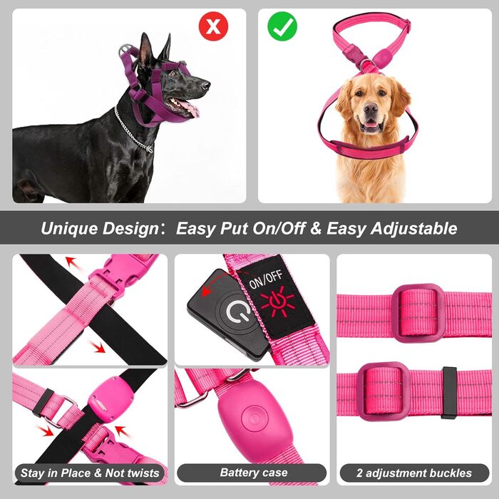 Світловідбиваючий нашийник для собак з LED підсвічуванням, перезаряджається, м'який, регульований, світловідбиваючий (зелений, рожевий)