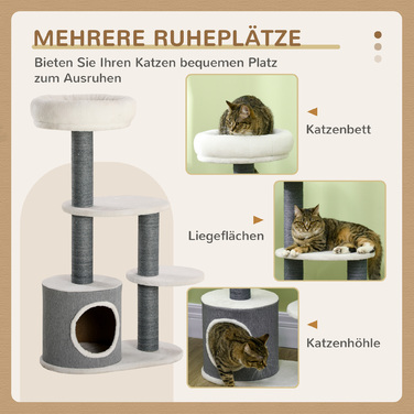 PawHut Драбина для котів з 1 котячою печерою, 1 ліжком для котів, 2 платформами, стовпчиками з джгутового мотузка, білий + сірий