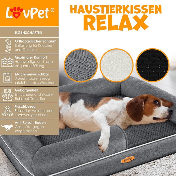 Orthopedic Dog Bed, Dog Cushion, Dog Basket Relax, Incl. Bowl + 3X Chew Bones, Dog Sofa for Small, Medium & Large Dogs, Removable and Washable Cover, 91x71x22cm Anthracite