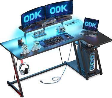 Ігровий стіл ODK L-подібний з LED підсвіткою, розетками, полицею та підставкою для монітора, комп'ютерний стіл з вуглецевого волокна, чорний, 140 см