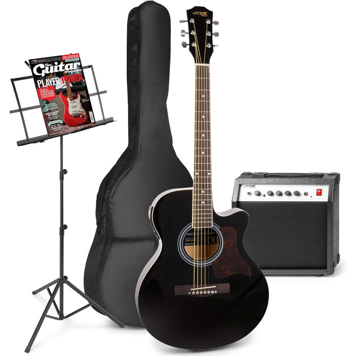 MAX ShowKit Електрична акустична гітара, комплект - підсилювач 40 Вт, підставка для нот, тюнер, чохол, медіатор - чорний