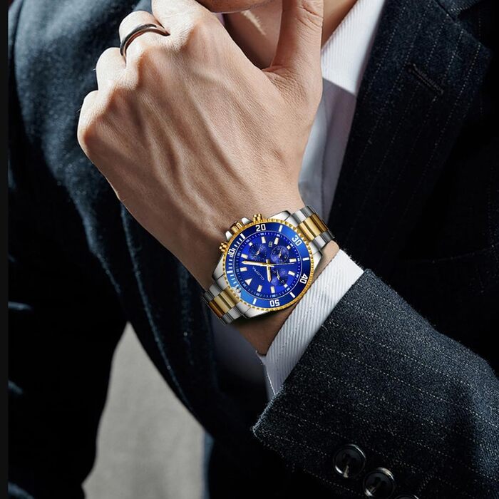 Годинник чоловічий OFF-CUP з датою, кварцовий хронограф, водостійкий, сталевий браслет, класичний стиль, бізнес-годинник (Золотий, Синій)