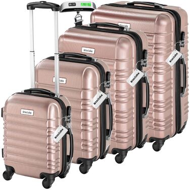 Набір валіз Tectake® 4 шт. з ABS-пластику, рожевого кольору, з колесами, телескопічним ручками та замками, включає ваговою та аксесуарами для валіз (S-M-L-XL)