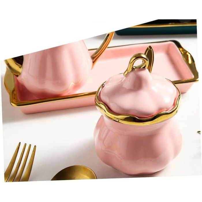 Ceramic Milk Pitcher and Sugar Bowl Set, Sugar Container, Milk Canister with Tray, Spice Jar with Lid and Spoon, Creamer, Coffee Service Set for Home, Cafe, Bar (Pink)