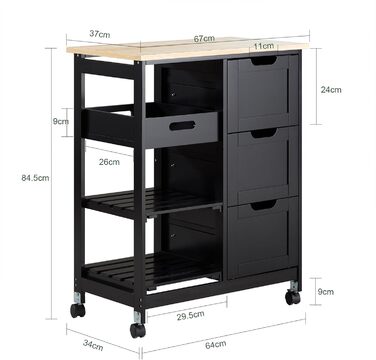 SoBuy Rolling Kitchen Cart with 2 Removable Shelves and 1 Tray - White/Black