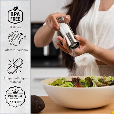 Набір з 2 електричних мельниць для солі та перцю преміум-класу | Регульоване керамічне подрібнювання | Набір з високоякісної нержавіючої сталі для солі, перцю та інших спецій