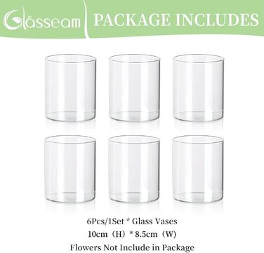 Скляна циліндрична ваза Glasseam 10x8,5 см для декору столу, прозора сучасна ваза для квітів, свічник, набір 6 шт, для вітальні та весілля