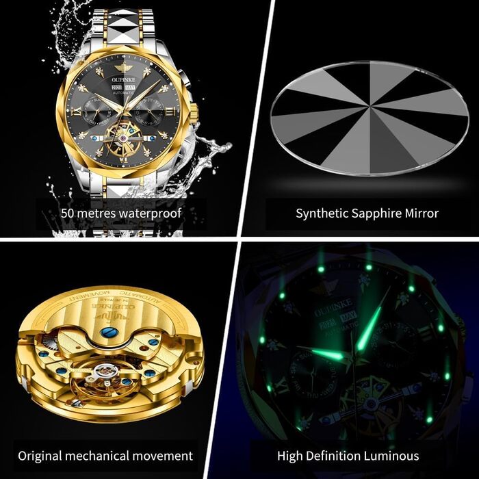 Чоловічий наручний годинник OLEVS G3316: аналоговий, водонепроникний, зі сталевим двоколірним ремінцем, чорним циферблатом, підсвічуванням та календарем