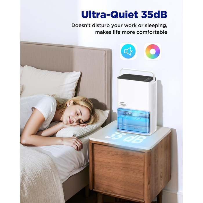 EasyAcc Електричний осушувач повітря 2000мл, продуктивність 500-650мл/день, 3 режими, автоматичне відтанення, LED-підсвітка 7 кольорів, автовимкнення, для приміщень до 20 м²