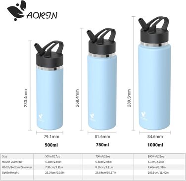 AORIN Stainless Steel Water Bottle, 500ml/750ml/1L Leak-Proof Water Bottle with Straw, BPA-Free Drinking Bottle for Kids, Vacuum-Insulated Thermos for Sports, School, Fitness, Outdoors