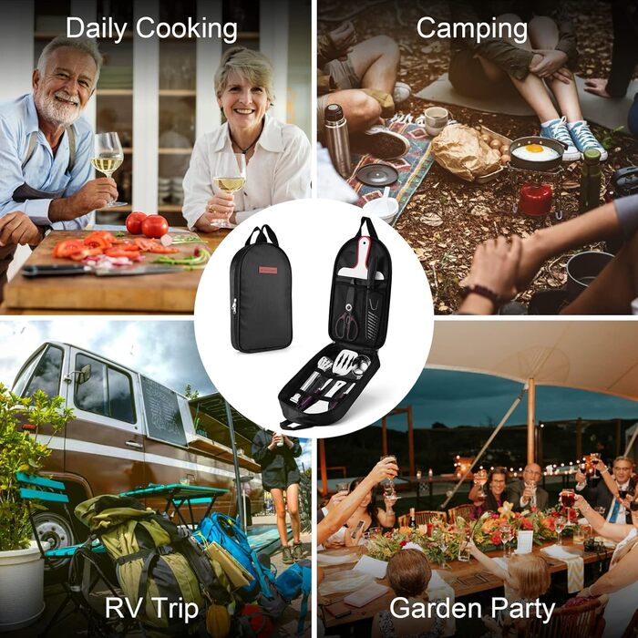 Odoland Kitchen Helper Set, Kitchen Gadget Set, Outdoor Cookware Set with Santoku Knife, Kitchen Scissors, Spatula, Tongs, Ladle, Cutting Boards - Ideal for Picnics, Travel, Hiking, and Gardening