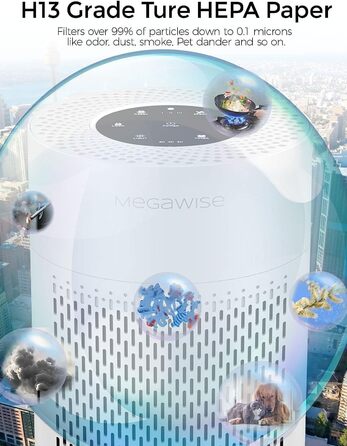MEGAWISE Повітряний Очищувач для великих приміщень до 100 м², HEPA фільтр H13, датчик якості повітря, нічний режим