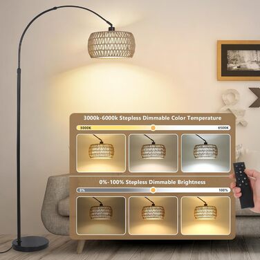 Rayofly Торшер для вітальні Bogenlampe в стилі бохо з ротанговим абажуром, диммований торшер з пультом та LED-лампочкою, управління через додаток, чорний